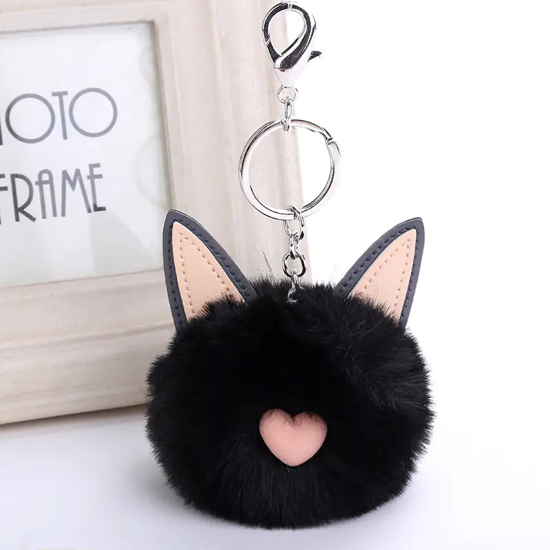 Fuzzy Pom Pom Keychain with Cat Ear Bag Charm