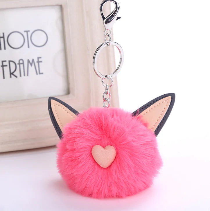 Fuzzy Pom Pom Keychain with Cat Ear Bag Charm