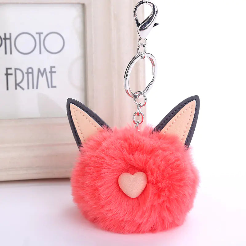 Fuzzy Pom Pom Keychain with Cat Ear Bag Charm
